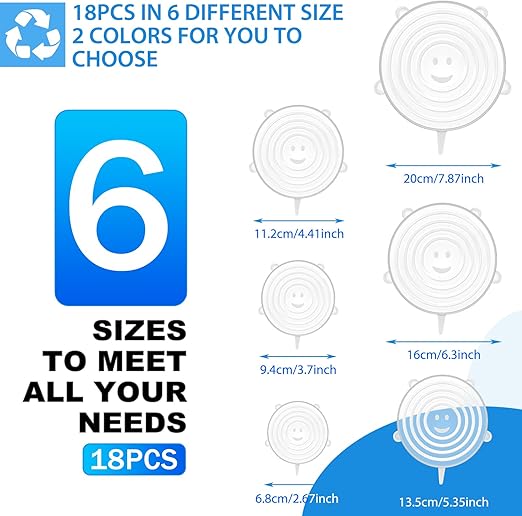 18 Pack Silicone Stretch Lids, 6 Different Sizes, 100% Safe Food Grade Silicone to Meet Most Container, Microwave Cover for Food Storage, Can/ Bowl Covers