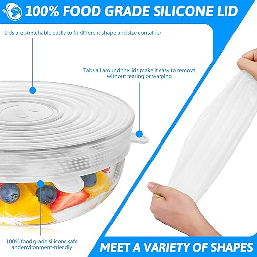 18 Pack Silicone Stretch Lids, 6 Different Sizes, 100% Safe Food Grade Silicone to Meet Most Container, Microwave Cover for Food Storage, Can/ Bowl Covers