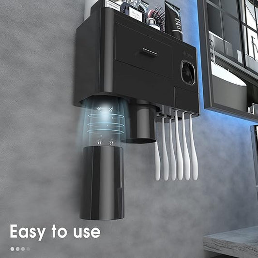 Toothbrush Holders for Bathrooms, 2 Cups Toothbrush Holder Wall Mounted with Toothpaste Dispenser - Large Capacity Tray, Cosmetic Drawer - Tooth Brushing Holder & Bathroom Accessories