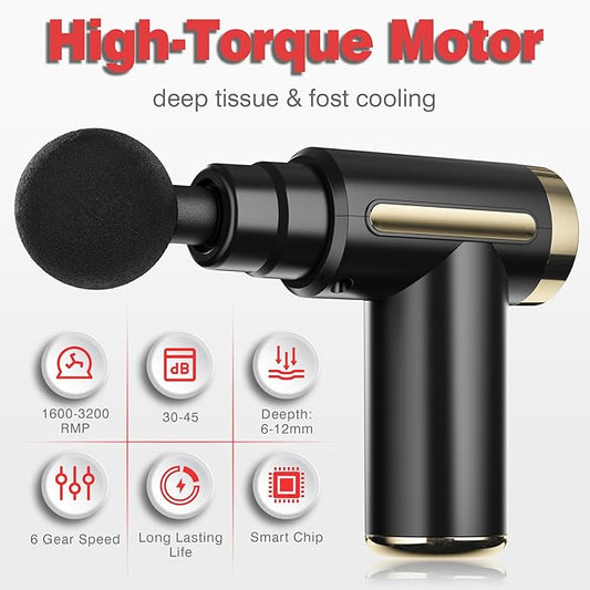 Massage Gun Deep Tissue for Pain Relief with 4 Massage Heads & 6 Speeds, Electric Mini Handheld Body Massager for Any Pain Relief