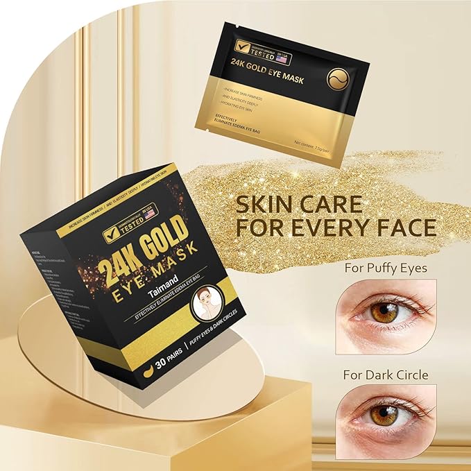 Under Eye Patches (30 Pairs), 24K Gold Under Eye Mask