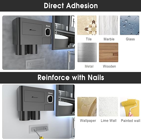 Toothbrush Holders for Bathrooms, 2 Cups Toothbrush Holder Wall Mounted with Toothpaste Dispenser - Large Capacity Tray, Cosmetic Drawer - Tooth Brushing Holder & Bathroom Accessories