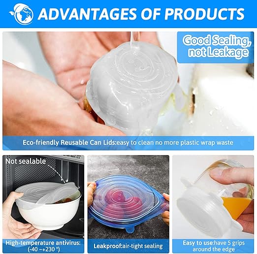 18 Pack Silicone Stretch Lids, 6 Different Sizes, 100% Safe Food Grade Silicone to Meet Most Container, Microwave Cover for Food Storage, Can/ Bowl Covers