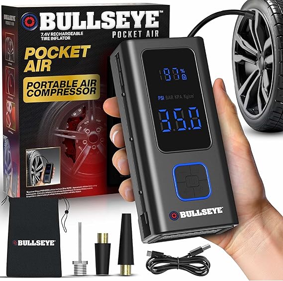 Pocket Air Tire Inflator Bullseye Portable Air Compressor