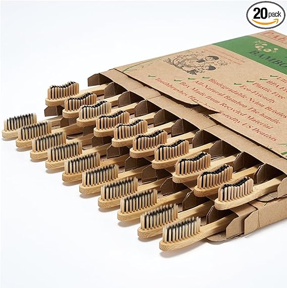 40 Count (Two 20 ct. packs) Bamboo Toothbrushes (20 Soft + 20 Medium), Natural Wood Toothbrushes Bulk, Eco-Friendly, BPA Free, Biodegradable & Compostable Charcoal Wooden - Reusable Toothbrushes