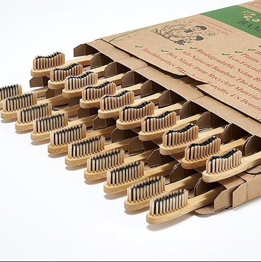 40 Count (Two 20 ct. packs) Bamboo Toothbrushes (20 Soft + 20 Medium), Natural Wood Toothbrushes Bulk, Eco-Friendly, BPA Free, Biodegradable & Compostable Charcoal Wooden - Reusable Toothbrushes