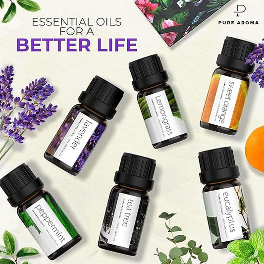Essential Oils Set - Top 6 Aromatherapy Oils Gift Set-6 Pack, 10ml (Eucalyptus, Lavender, Lemongrass, Sweet Orange, Peppermint, Tea Tree)