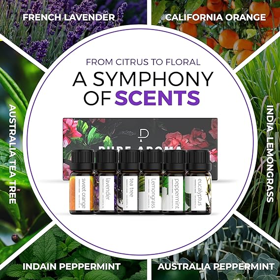 Essential Oils Set - Top 6 Aromatherapy Oils Gift Set-6 Pack, 10ml (Eucalyptus, Lavender, Lemongrass, Sweet Orange, Peppermint, Tea Tree)