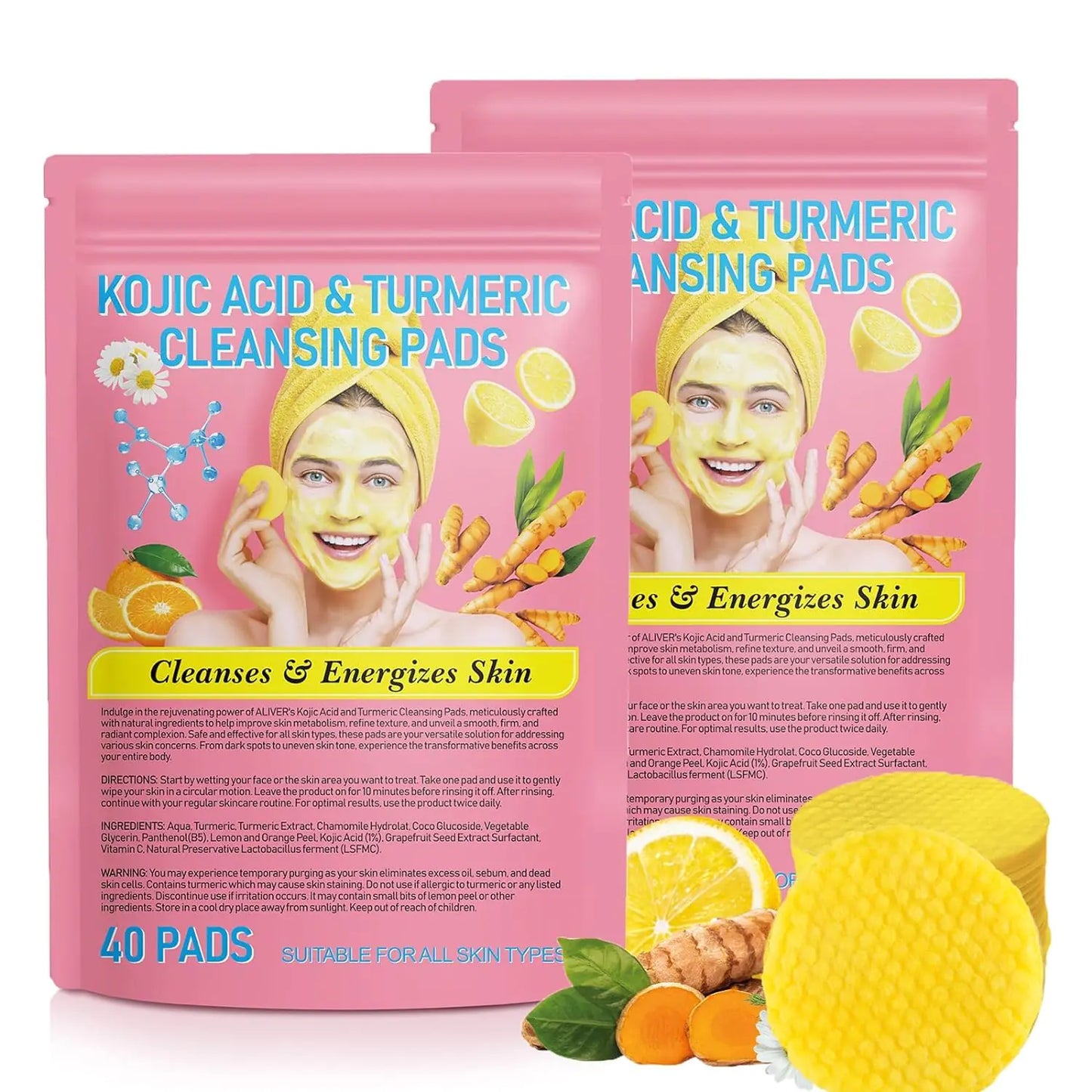Turmeric Cleansing Pads, 80pcs Turmeric & Kojic Acid Cleansing Pads (Pack of 2)