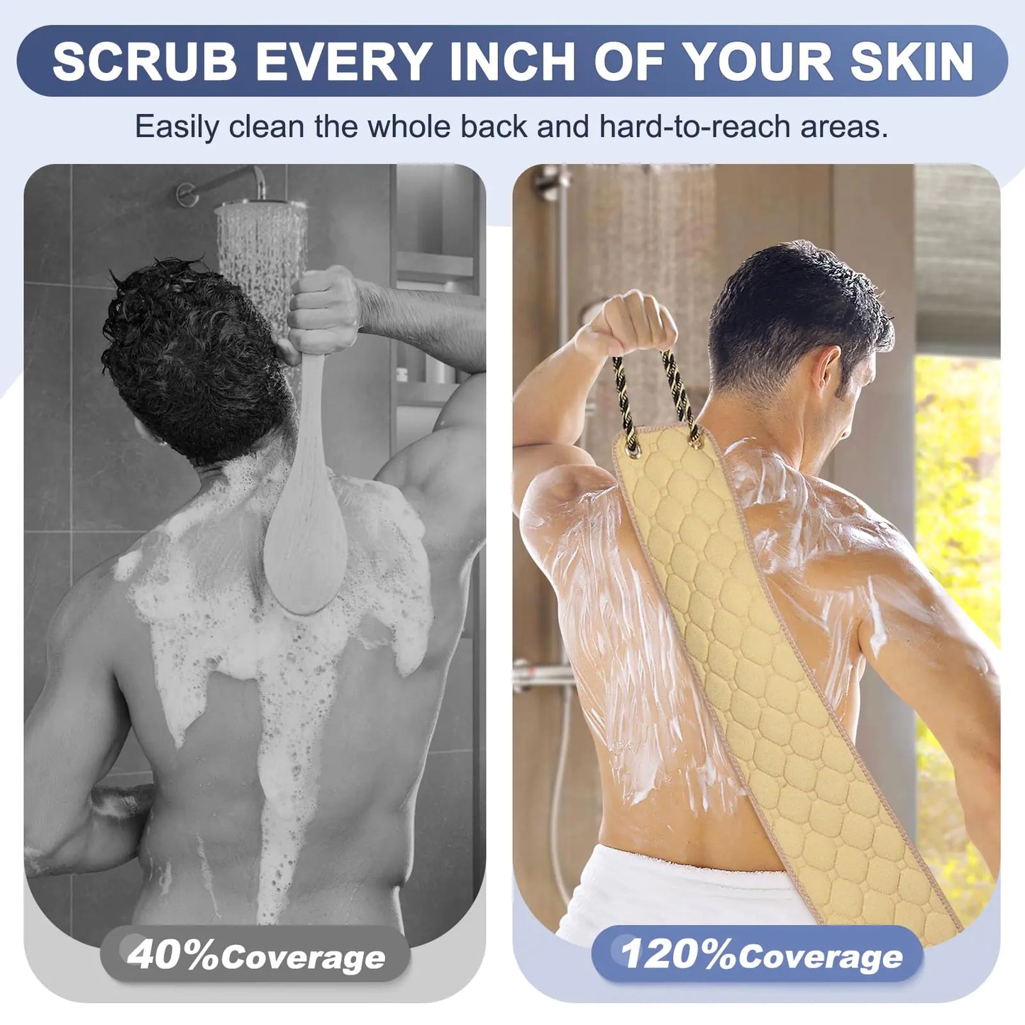 Exfoliating Back Scrubber with Handles, 39 Inch Double-Sided Men & Women Beige (39*5.5 Inch)