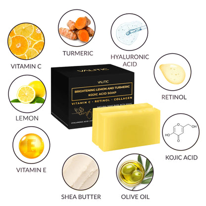 VALITIC Brightening Lemon & Turmeric Kojic Acid Soap with Vitamin C, Retinol, Collagen - Original Japanese Complex - with Hyaluronic Acid, Vitamin E, Shea Butter, Castile Olive Oil 2 Pack+Holder