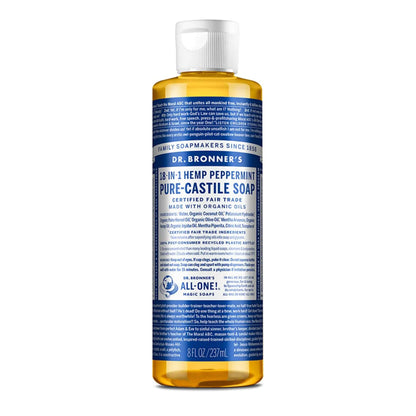 Dr. Bronner's - Pure-Castile Liquid Soap (Peppermint, 8 Ounce) - Made with Organic Oils, 18-in-1 Uses: Face, Body, Hair, Laundry, Pets and Dishes, Concentrated, Vegan, Non-GMO 8 Fl Oz (Pack of 1)