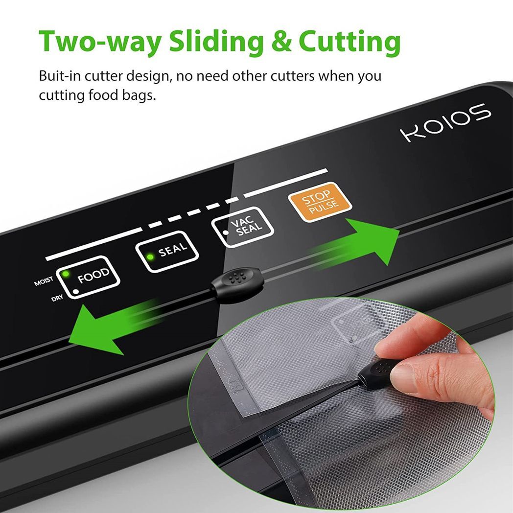 KOIOS Vacuum Sealer Machine, 86Kpa Automatic Vacuum Air food sealer/Built-in Cutter Starter Kit, Dry & Moist Food Preservation Modes, Pulse Function, LED Indicator Lights, Black