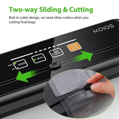 KOIOS Vacuum Sealer Machine, 86Kpa Automatic Vacuum Air food sealer/Built-in Cutter Starter Kit, Dry & Moist Food Preservation Modes, Pulse Function, LED Indicator Lights, Black