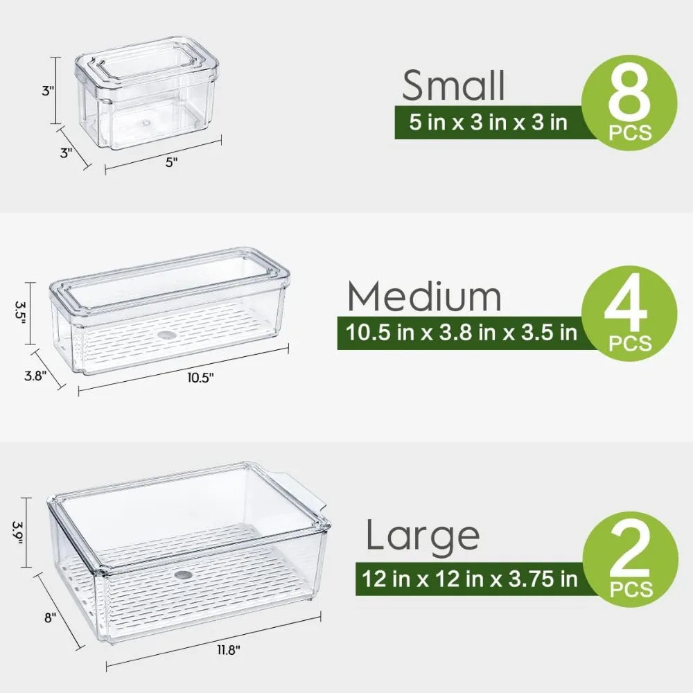 Stackable Refrigerator Organizer Bins with Lids, BPA-Free Fridge 14 pcs.