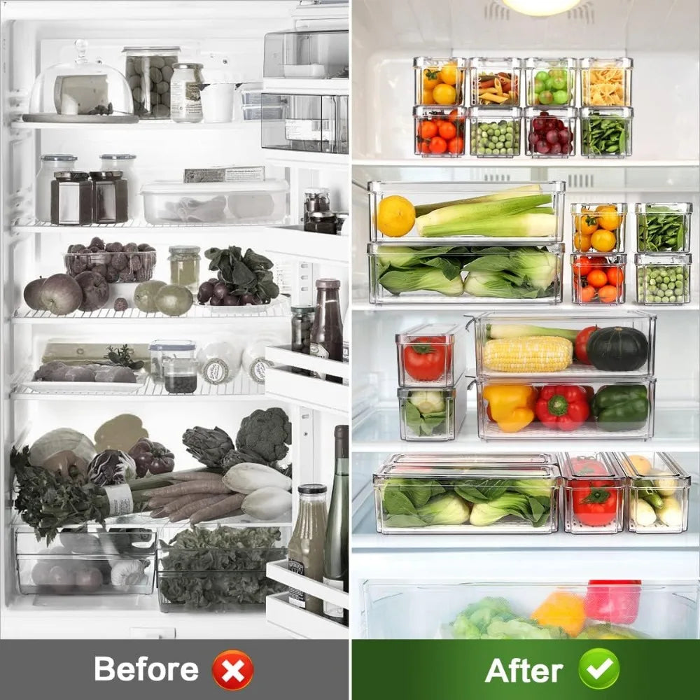 Stackable Refrigerator Organizer Bins with Lids, BPA-Free Fridge 14 pcs.