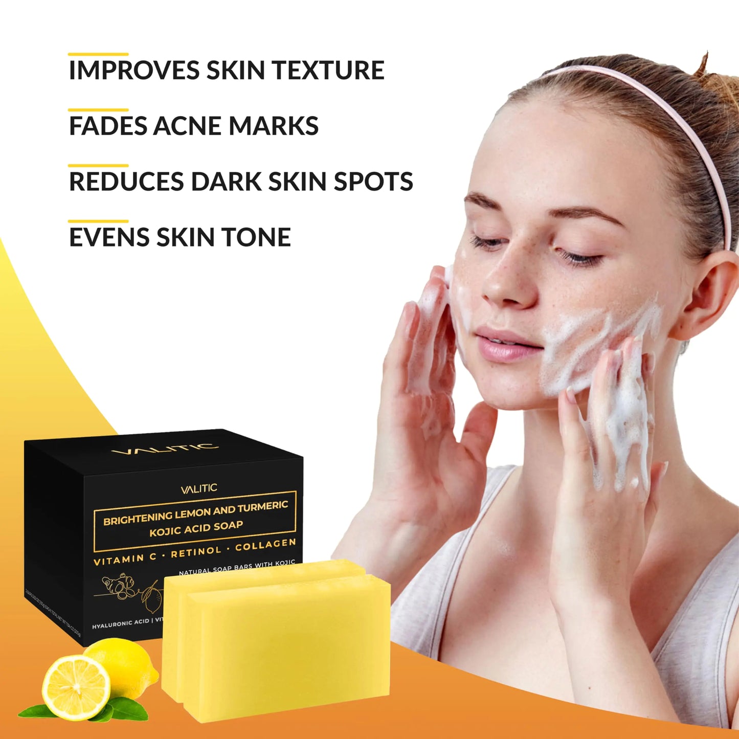 VALITIC Brightening Lemon & Turmeric Kojic Acid Soap with Vitamin C, Retinol, Collagen - Original Japanese Complex - with Hyaluronic Acid, Vitamin E, Shea Butter, Castile Olive Oil 2 Pack+Holder