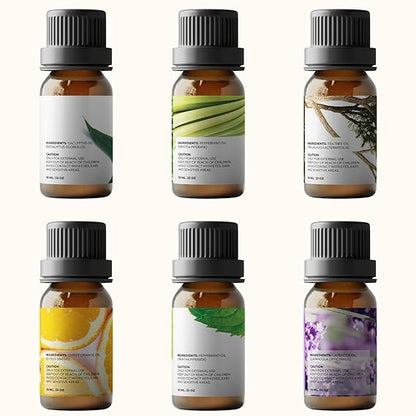 Essential Oils Set  - Top 6 Aromatherapy Oils Gift Set-6 Pack, 10ml (Eucalyptus, Lavender, Lemongrass, Sweet Orange, Peppermint, Tea Tree)